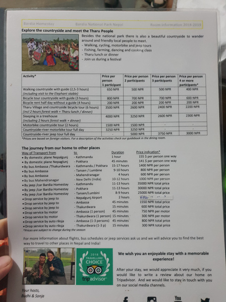 Price list for Bardia Homstay