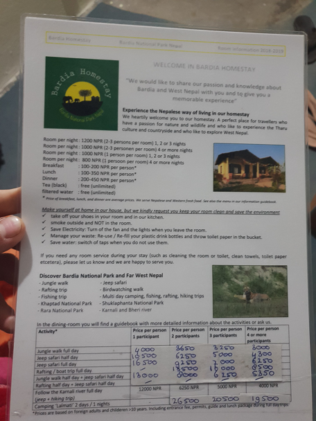 Price list for Bardia homestay 